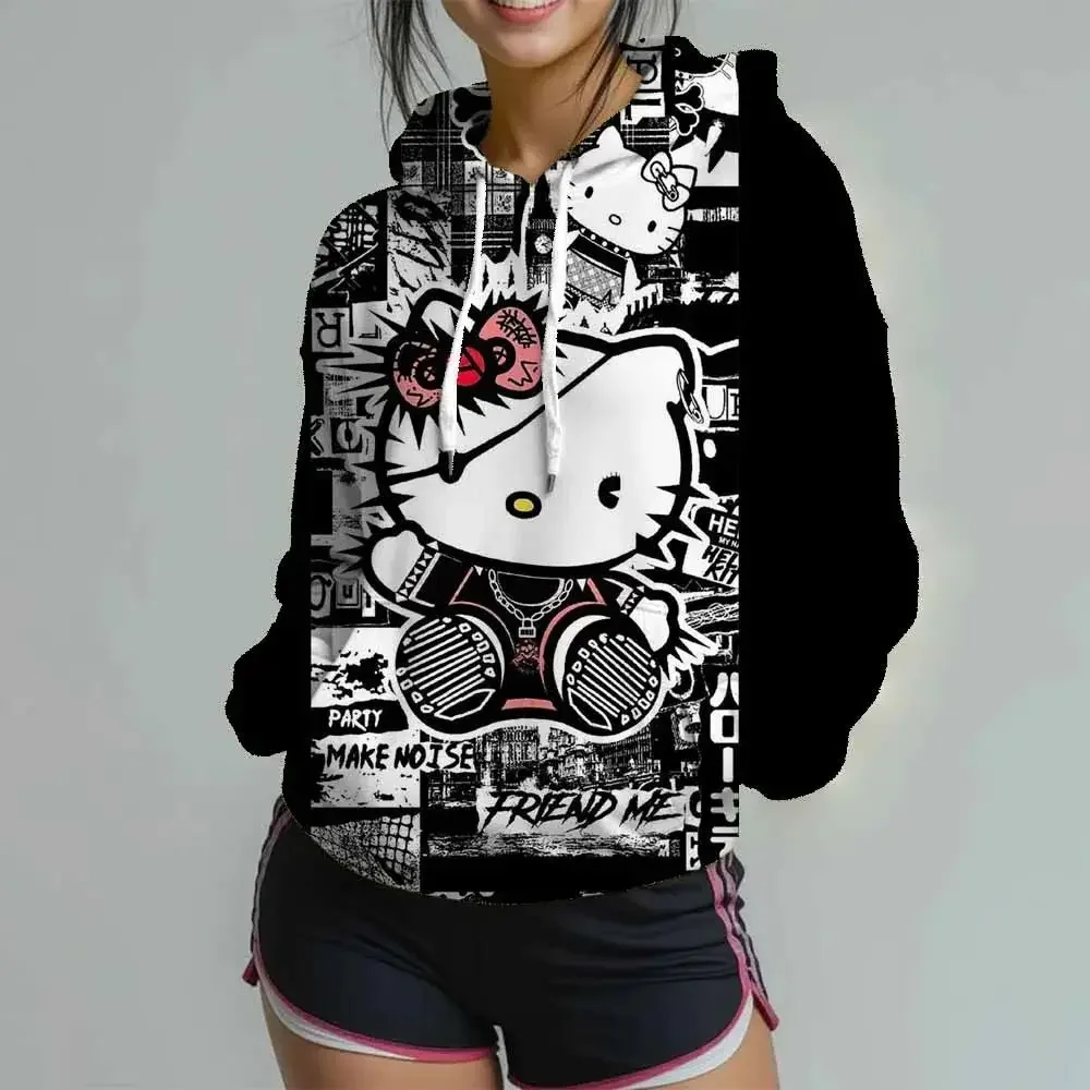 Bluza damska z kapturem Hello Kitty, wzór serca na całej powierzchni, wiosna-jesień, moda Harajuku, słodka, retro, graficzna, luźna bluza wkładana przez głowę.