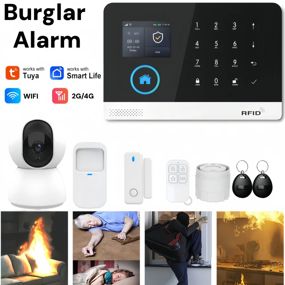 

Система охранной сигнализации Tuya для дома с поддержкой Wi-Fi и GSM, с датчиками движения и открытия дверей, управление через умное приложение