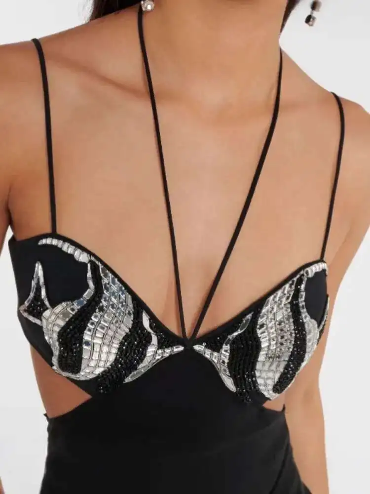 LEOSOXS 2025 女性セレブセクシーなノースリーブキラキラダイヤモンドカットアウトマキシロングブラックドレスエレガントなイブニングクラブパーティー衣装