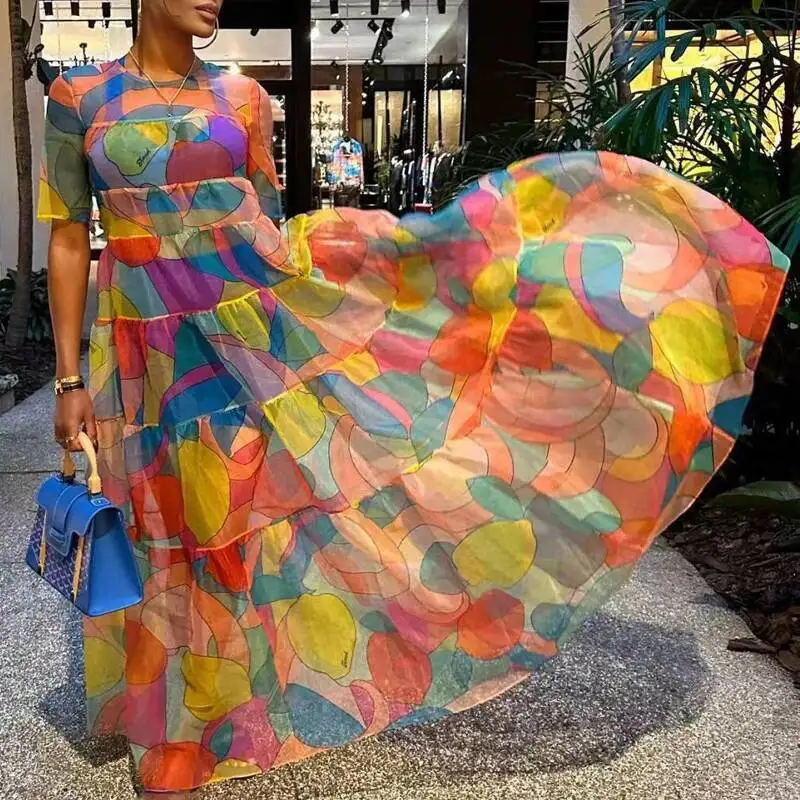 جديد بوهو نمط المرأة عادية خمر Ing نمط مطبوعة فستان ماكسي سيدة قصيرة الأكمام عالية الخصر فساتين فضفاضة