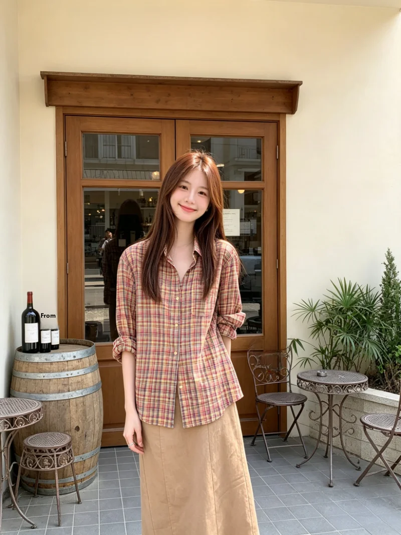 

Laid-back Style Color Block Plaid Collar Long Sleeve Women's Casual Shirt Summer Versatile Top Loose Fit Classic Checkered