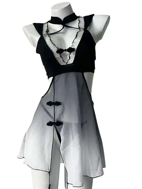 Sexy Chinese Style Women's Ink Wash Style Exposed Chest Ancient Style Nightgown Pure Desire Thin Sheer Passion Dress Elegant L8G