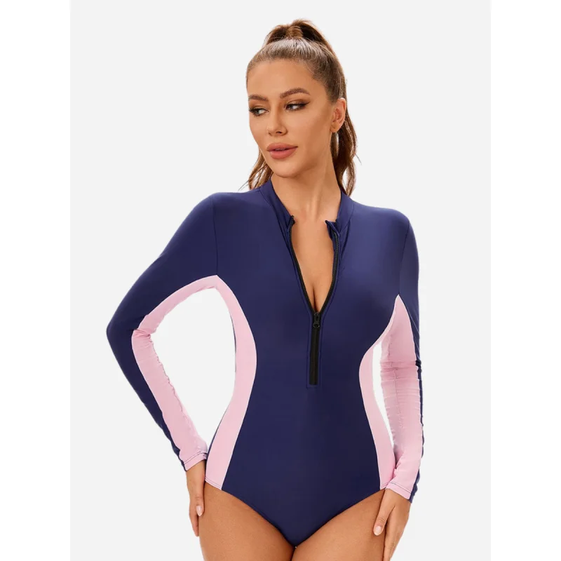 

Цветной блок цельный женский купальник Rash Guard с длинным рукавом UPF 50 + купальный костюм на молнии спереди купальники для серфинга