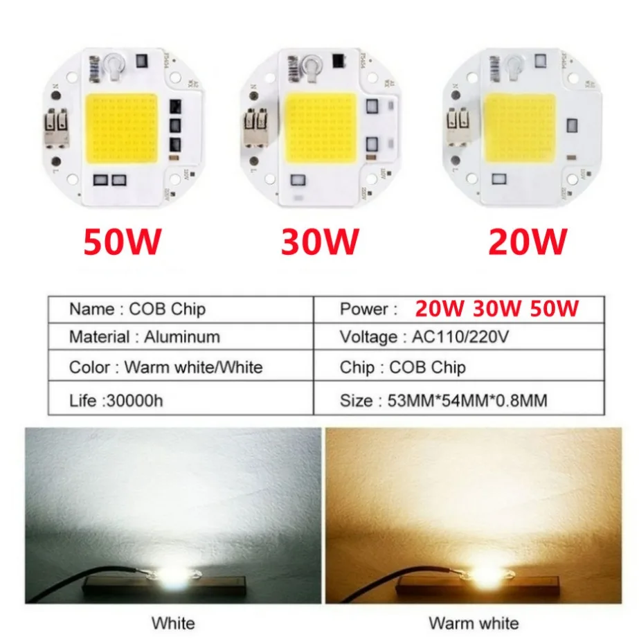 High Power 20W 30W 50W COB LED Chip 220V 110V LED COB Chip Welding Free Diode for Spotlight Floodlight Smart IC No Need Driver