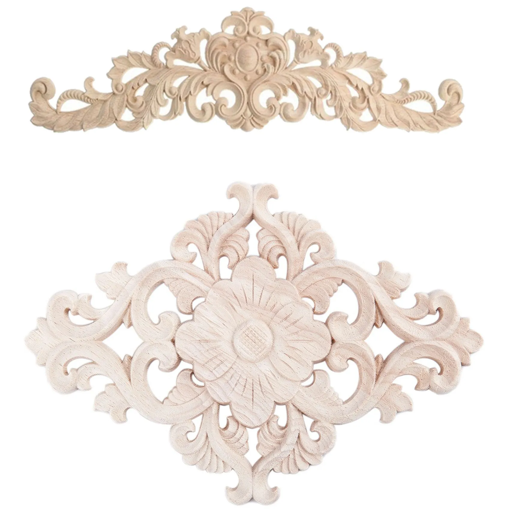 40x12cm Rubber Wood Carved Applique Furniture Wood color & Lots Wood Carved Long Onlay Applique Unpainted Flower 21x15cm