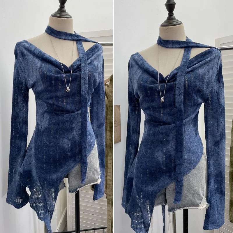 Women's Sexy Off The Shoulder Long-sleeved Ripped Knitted Top Hollow Irregular Streamer T-shirt Women