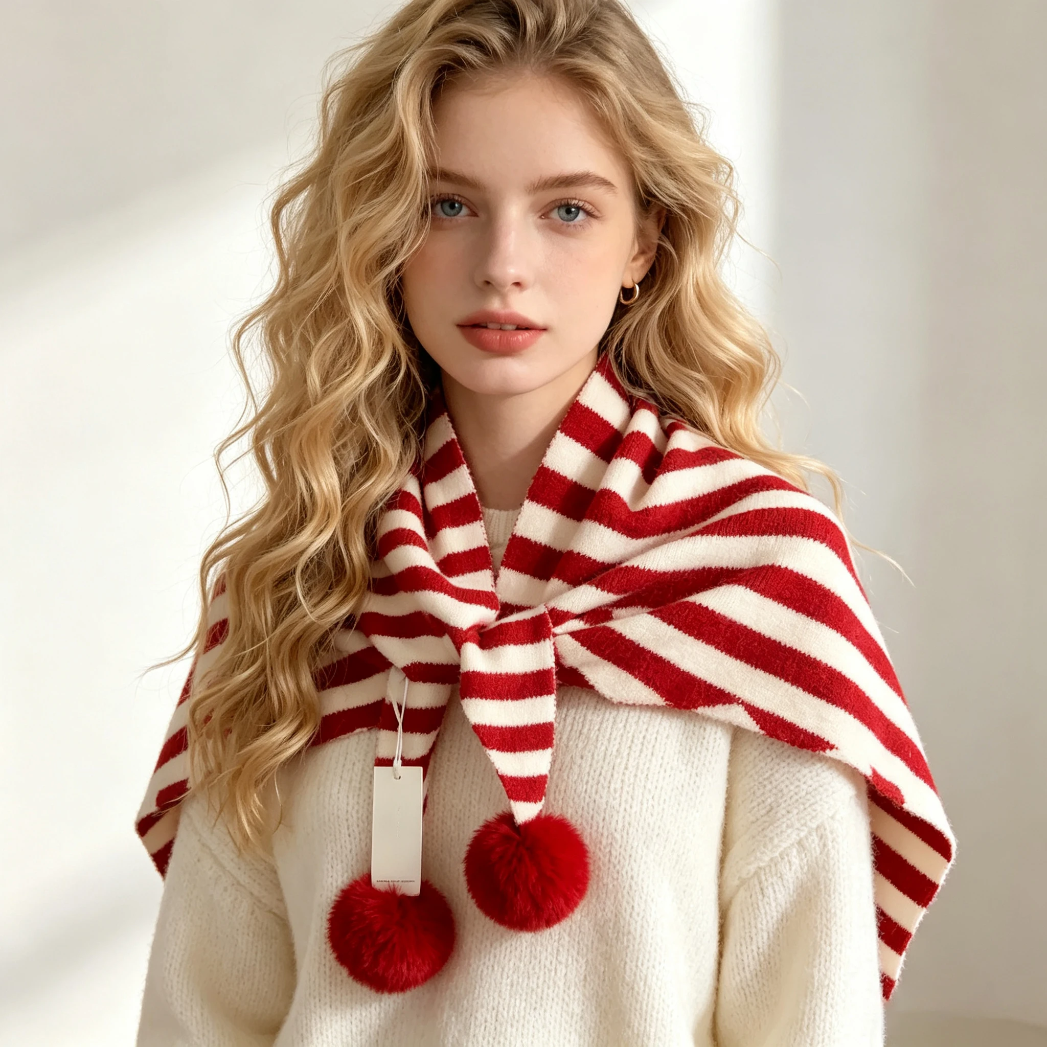 Women Triangle Knitted Scarf Horizontal Stripe Pom‑pom Soft Cozy Knot Design Small Shawl Winter Warm Daily Match Casual Outing