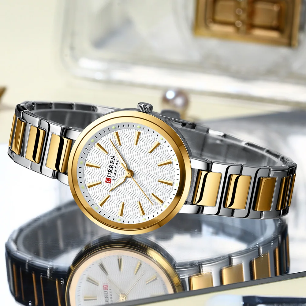 CURREN Gold Watches for Women with,White Roman Dial,Stainless Steel Band,Adjustment Tool Included,Water Resistant