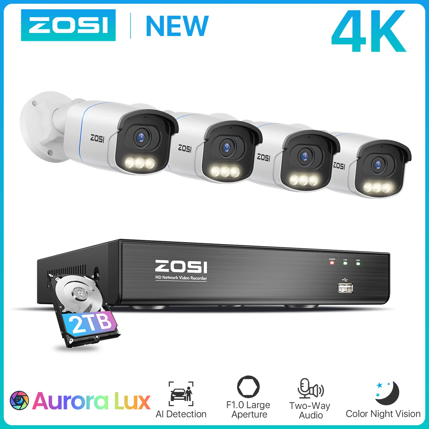 ZOSI 4K PoE Security Camera System 8MP/5MP C186 Aurora Lux Outdoor Indoor Wired IP Cams True Full Color Night Vision 8CH NVR Kit