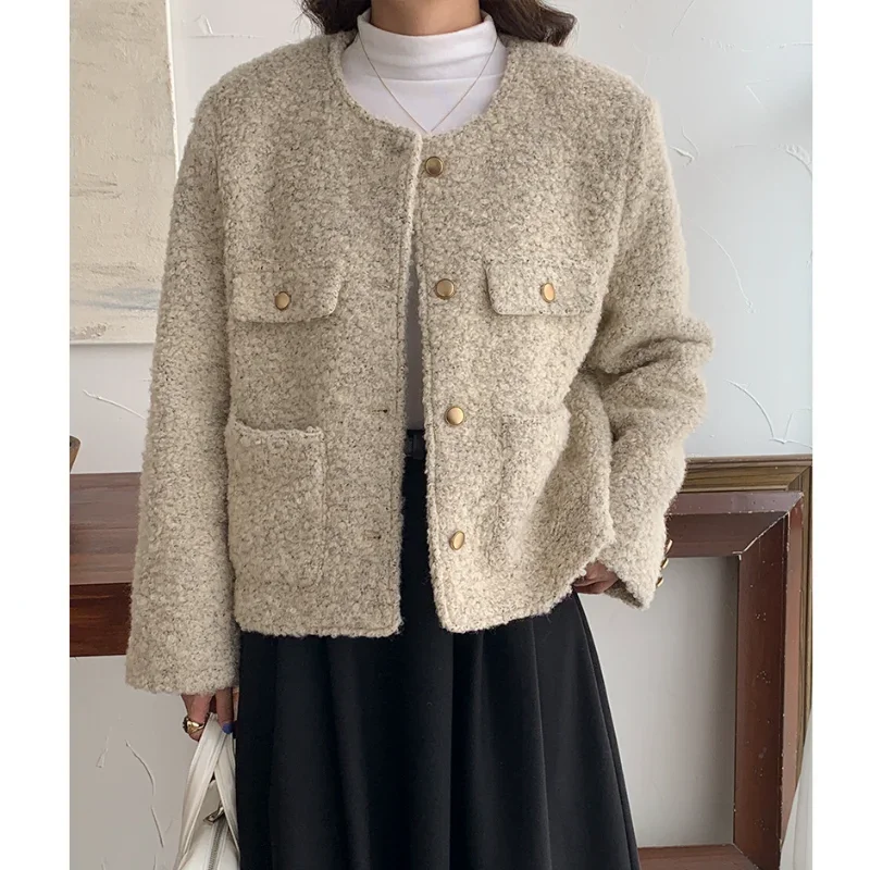 

Wool Blended Soft Fragrance Short Woolen Jacket Women's Autumn Winter Slim Basic Simple Casual Small Fragrant Khaki Women's Coat