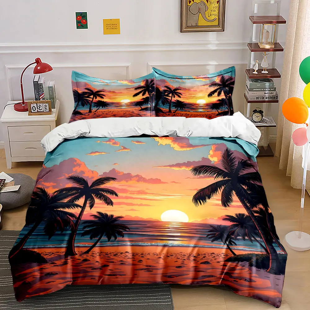 Sunset beach with palm trees Print Bedding Set 1 Duvet Cover 2 Pillowcases for Adult and Children Luxury Gift Full Size