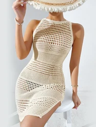 Hollow Out Side Slit Bikini Crochet Retro Cover Up 2026 Women Solid Beach Skirt Swim Dress Bathing Suit