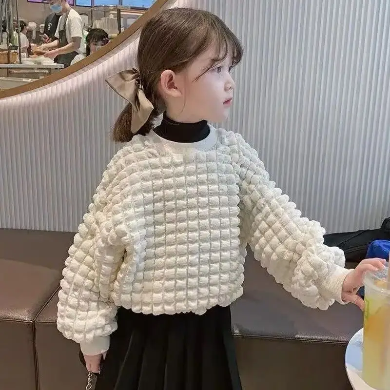 E-BAIHUI Spring/Autumn T-shirts Girls Foam Puff Design Knitted Top Solid Waffle Long Sleeved T-shirt Apricot Round Neck Clothing