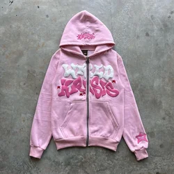 Sudadera con capucha rosa con cremallera para hombre y mujer, ropa informal Harajuku, clásica europea y americana, corte holgado, Y2k, 2024