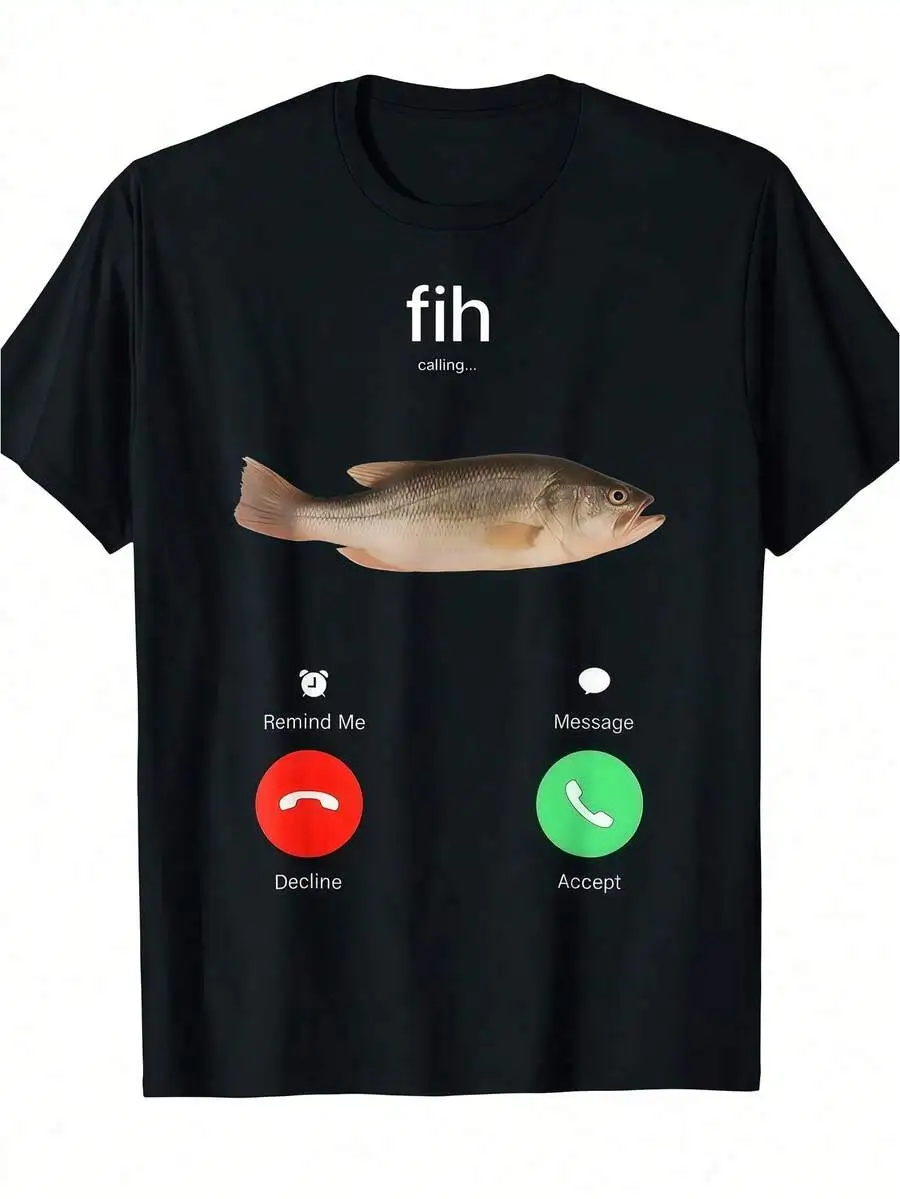 1 Pc Men's Clothing Fish Calling Printed Black Tshirt, Graphic Tee, Summer Tops, Shirt, Unisex Casual Crew Neck Tshirt, Plus Size Men's 5XL,