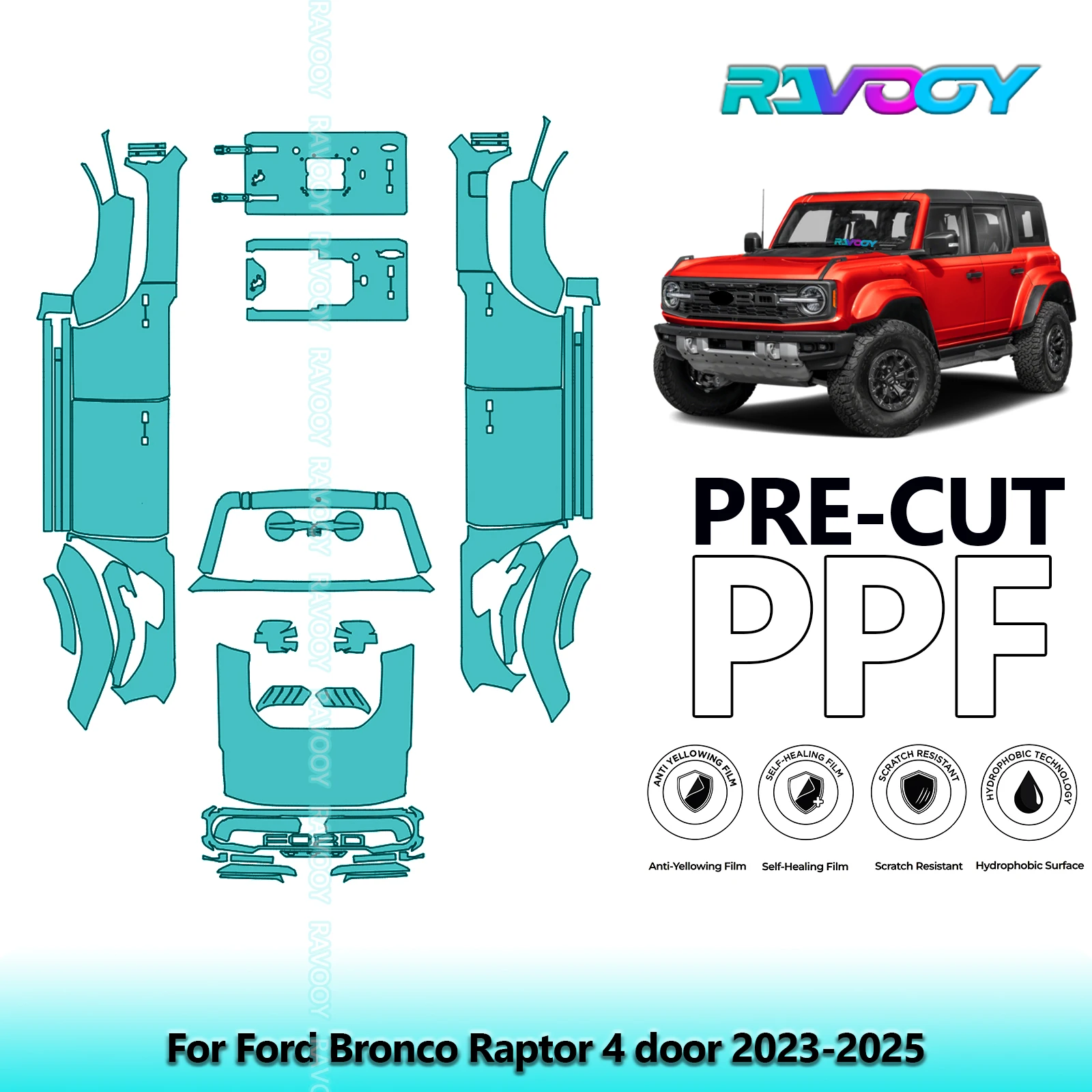 Car Precut PPF Paint Protection Film Full Vehicle For Ford Bronco Raptor 4 door 2023-2026 8.5mil Clear Bra Self-Healing TPU