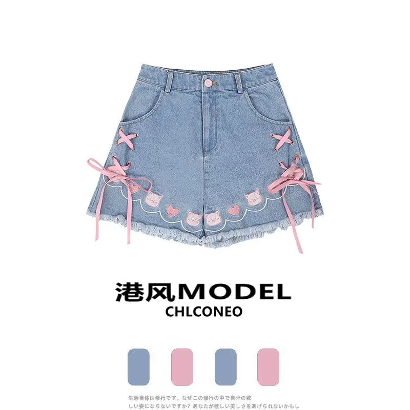 Sweet Girl Denim Shorts 2025 Summer New Tie Up Bow Loose All Match Wide Leg Shorts Cartoon Embroidery Y2k Aesthetic Jeans Shorts