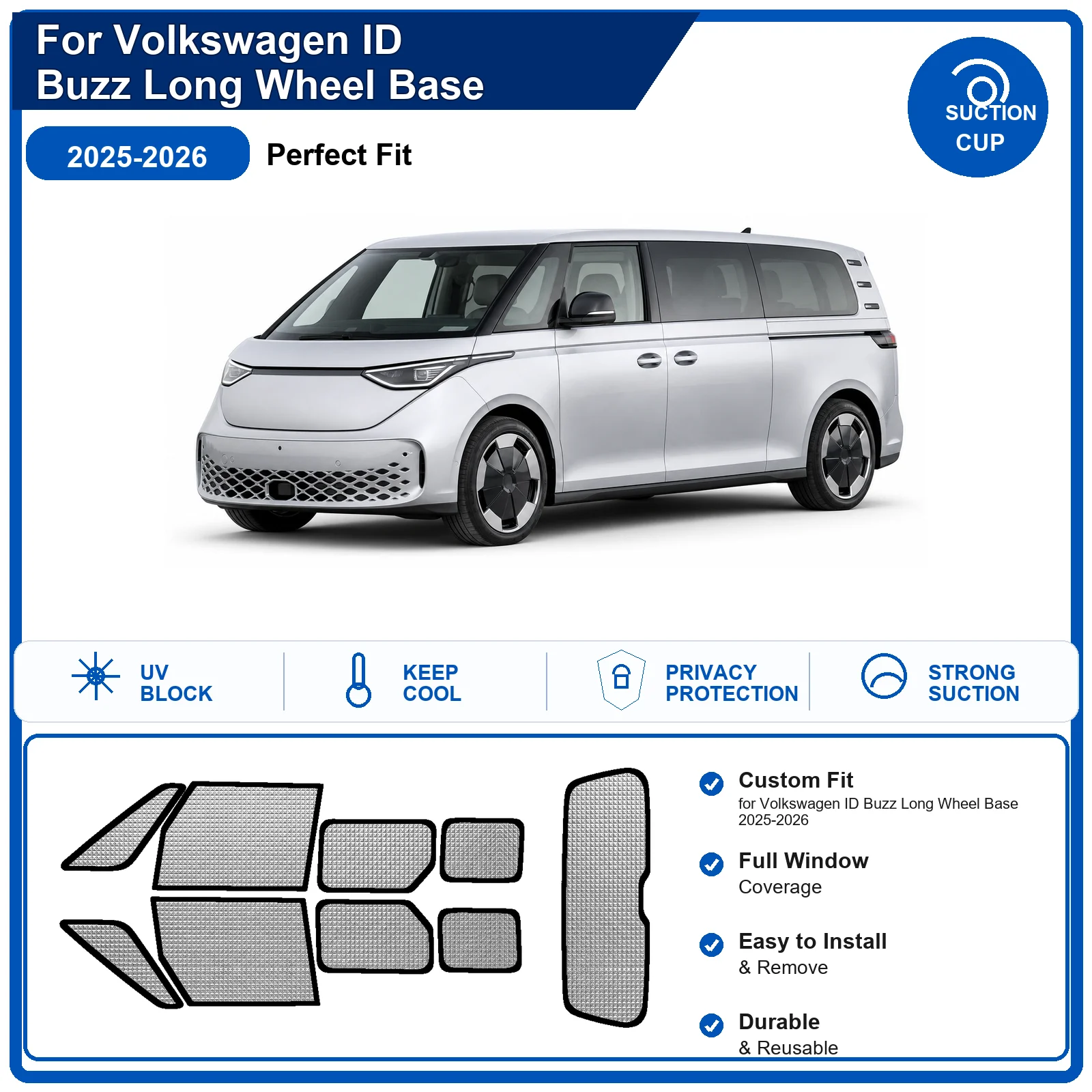 Для Volkswagen ID Buzz Long Wheel Base 2025-2026: Полный комплект солнцезащитных шторок на лобовое стекло из алюминиевой фольги с теплоизоляцией и защитой от УФ-лучей, складные
