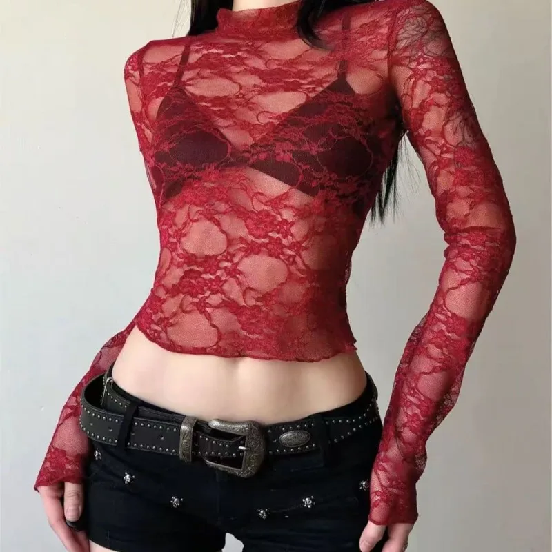 Blouse Layering Top Undershirt Spring/Autumn Women's Sheer Solid Colour Lace Fitted Cropped Long Sleeves Casual Niche Designer