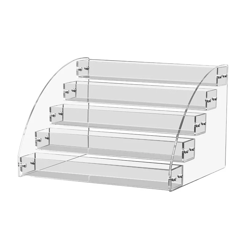 front desk, convenience store display rack, transparent acrylic curved display, cigarette chewing gum, metallic color