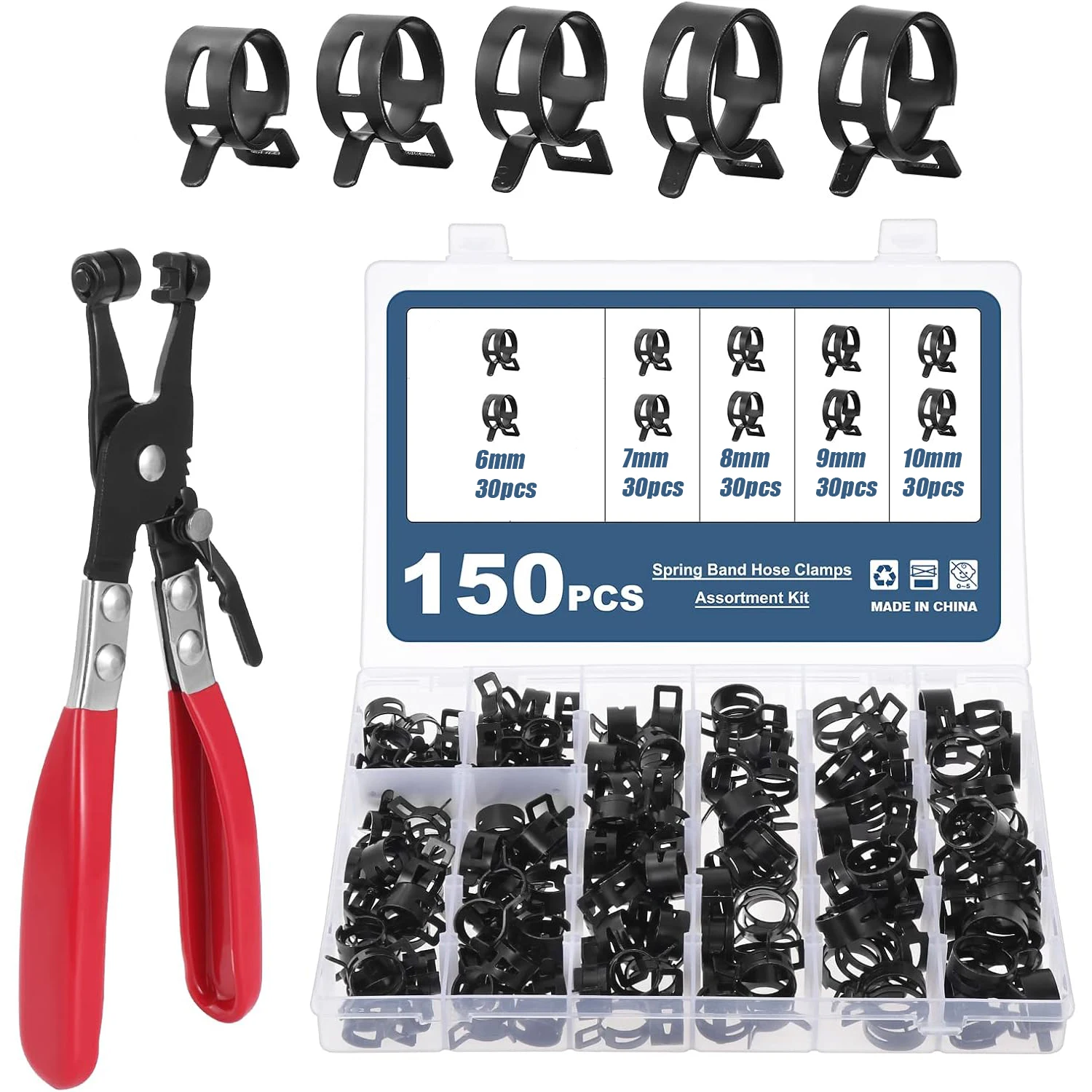 150Pcs 6-10mm Black Q673B Vacuum Spring Fuel Oil Water Hose Clip Pipe Tube for Band Clamp Metal Fastener Assortment Kit + Plier