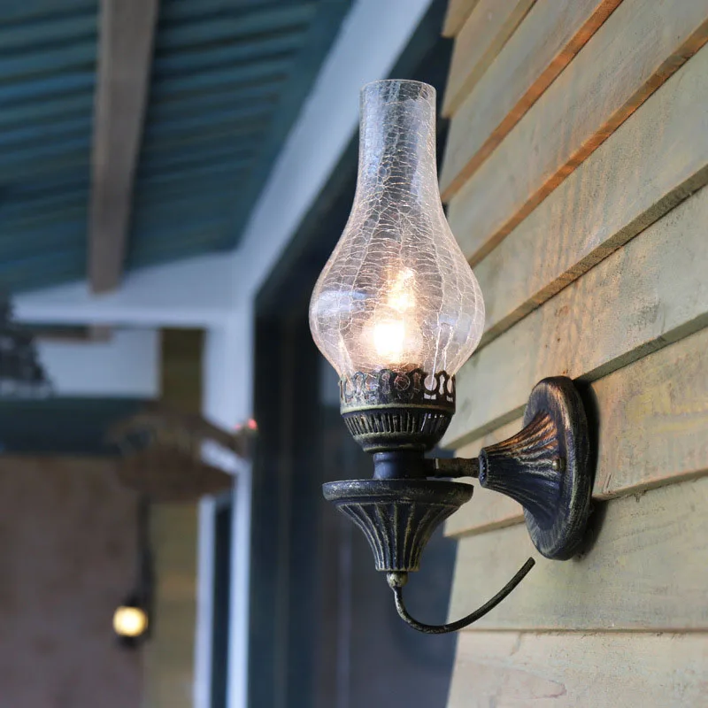 Vintage Metal Wall Glass Light Chinese Style E27 Oil Lamp with Crack Lampshade Decoration for Bar Loft Corridor Bedroom
