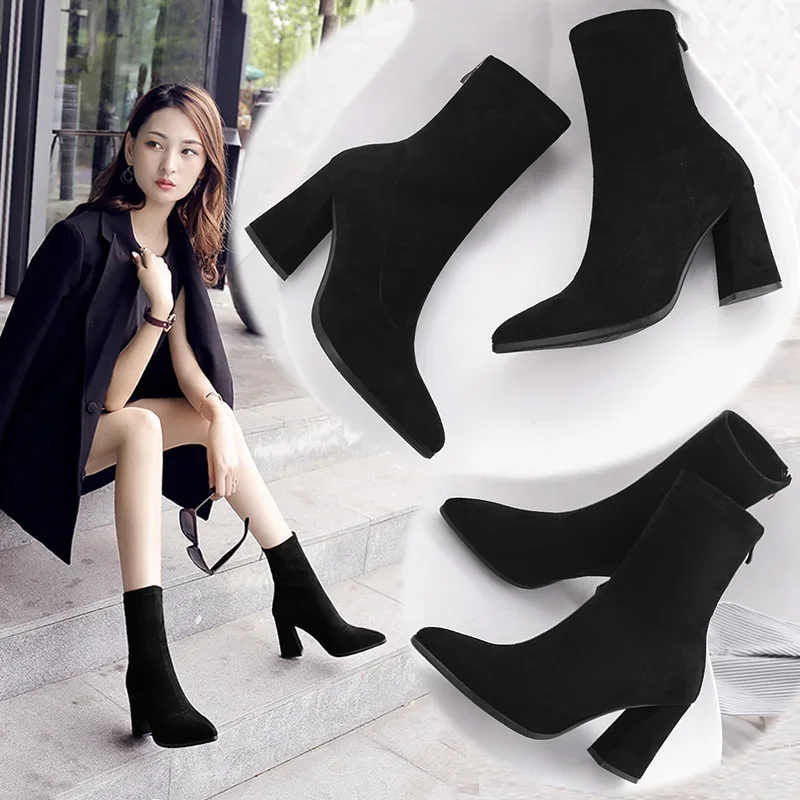 Comemore Ankle Chunky High Heel Black Sock Boots Women Autumn Fashion Pointed Frosted Suede Short Boot Female Sexy Warm Boots 34