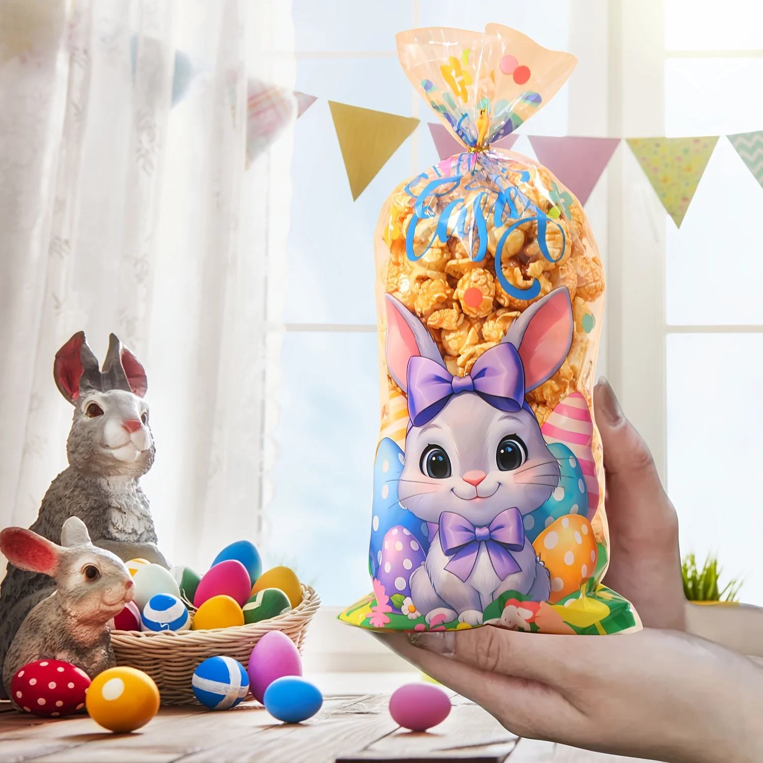 50 Easter opp candy bags, bunny egg plastic bags, transparent colorful easter bunny small gift gift bags with gold ties