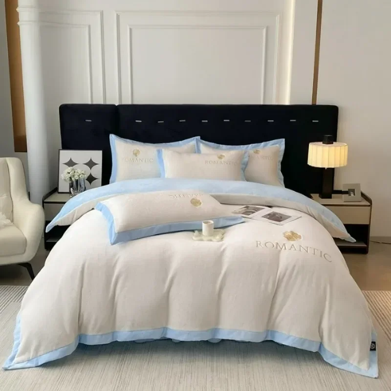 2024 full-extinction milk velvet double-spell embroidery four-piece set silk velvet wide-edge quilt cover high-end light luxury