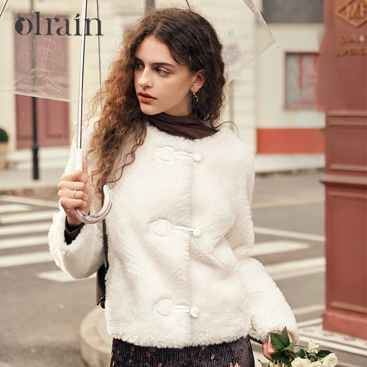 

OLrain женский меховой кожаный пиджак, элегантный твидовый пиджак с круглым вырезом, зима 202, свободные прямые женские пальто на пуговицах G23DP88256