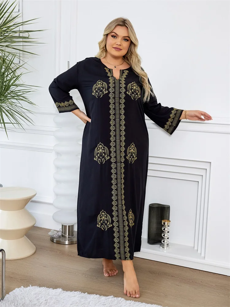 Embroidery Plus Size Long Sleeve Kaftan Beach Dress Bathing Suit Cover Up 2024 Women Summer Beachwear Moo Moo Dress Q1603