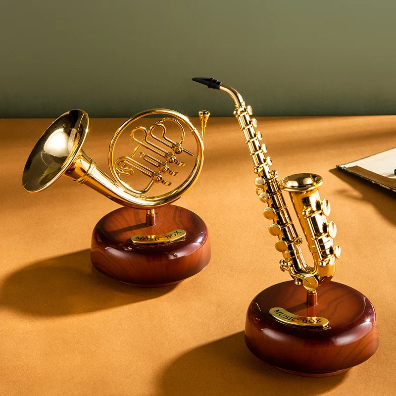 Rotating Music Box Saxophone Mini Musical Box Classical Art Decor Trumpet Horn Music Box Home Crafts Desktop Decor Birthday Gift