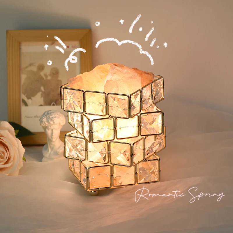 

Rubik's Cube Crystal Salt Stone Table Lamps Bedroom Bedside Lighting Aromatherapy Art Ornament LED Lamp Plug-in Gift Table Light