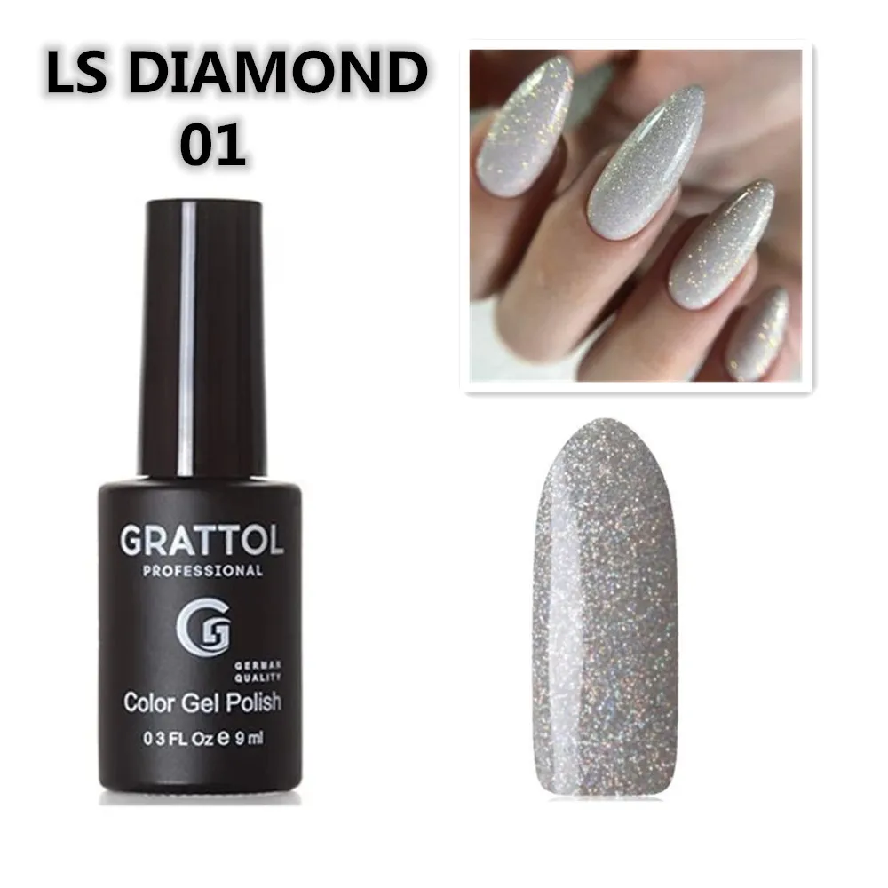 GRATTOL Profissional Glitter Gel Unha Polonês LS DIAMOND 9ML Prata Rosa Lantejoulas Semi Permanente Soak Off UV Art Base Top Coat