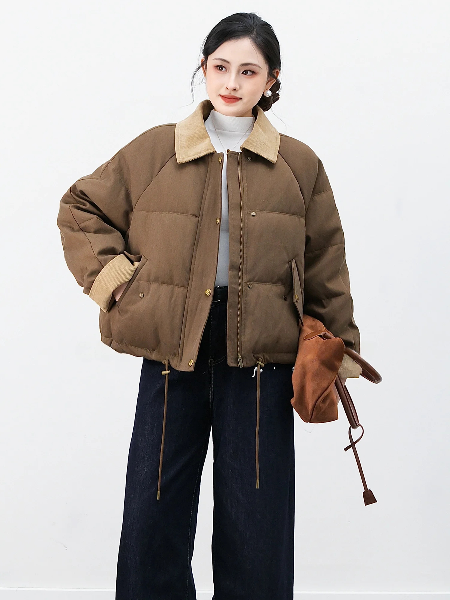 

Retro Sle Quilted down Jaet Women's Winter ort Bread Sle Splicing Warm Outerwear Du down Collar Zipper Closure