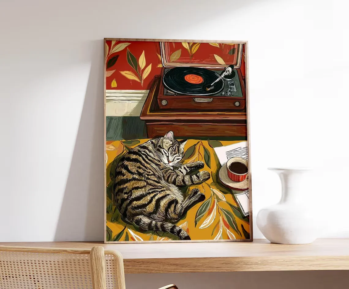 Retro Cat with Coffee Wall Art, Vintage Record Player Print, Cozy Living Room Decor, Bohemian Music Lover Poster, Colorful Home