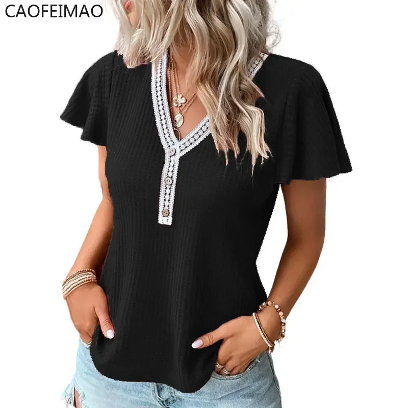 Women's T-shirt New In Summer Lace Stitching V Neck Tshirt Elegant and Chic Casual Short Sleeve Solid Colors Lady Clothing Tops