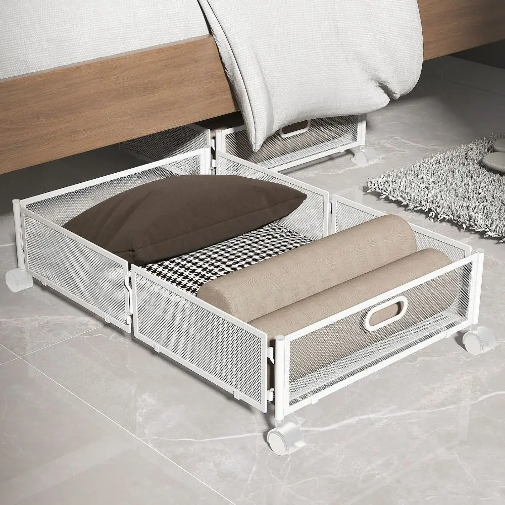 

Large Capacity Under Bed Storage Containers with Wheels Metal Quilt Clothes Storage Bins Space-saving Foldable