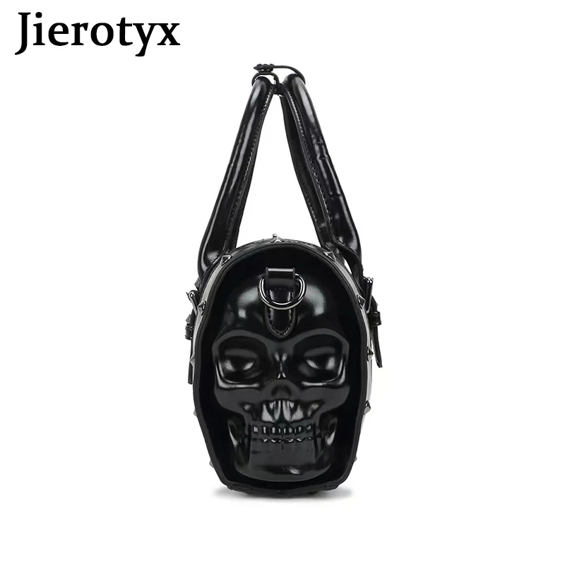 JIEROTYX Black Studded Double Skull Satchel Handbag Womens Shoulder Bags Personality Rivet Single Strap Travel Bag Gothic Style