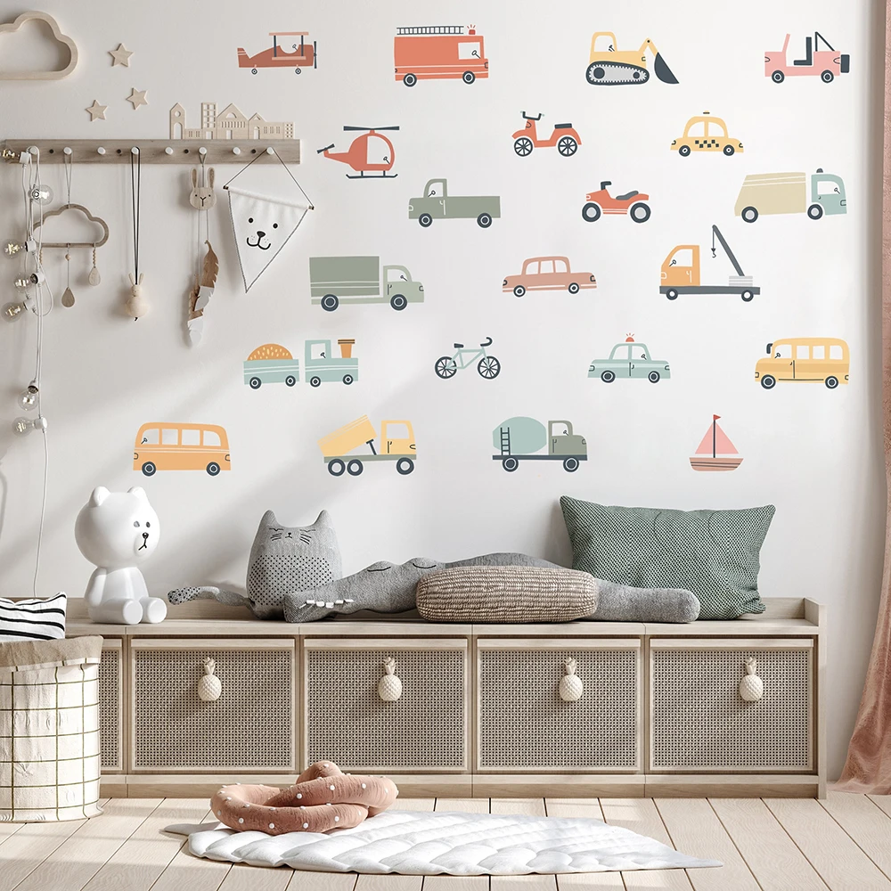 Cartoon Cars Truck Construction Wall Sticker Kids Room Baby Nursery Vehicle Kids Transport Wall Decal Bedroom Home Decor