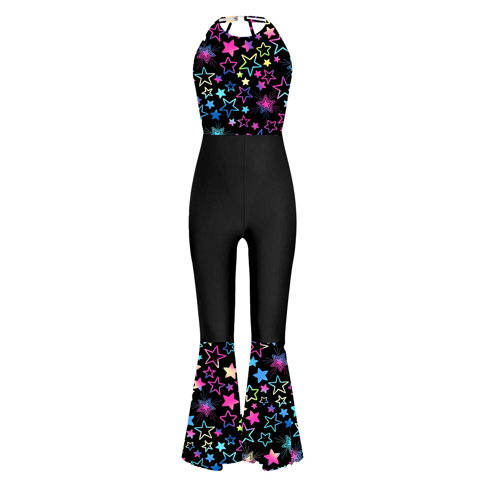 Kids Girls 70s Retro Hippie Disco Costume Halloween Carnival Festival Party Jazz Dance Sleeveless Print Bell Bottom Jumpsuit