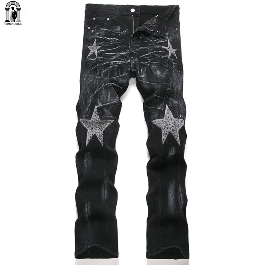 

【Mirrordust】Diamond Star Patchwork Jeans Men Fashion Black Straight Slim Denim Pants Rhinestone Splicing Jeans Trousers for Male