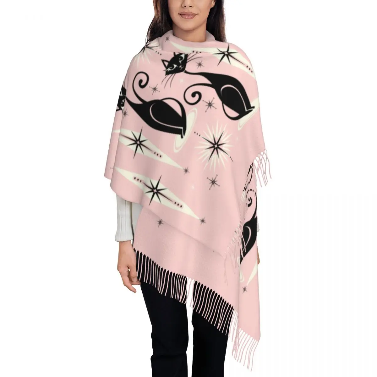 

Custom Mid Century Meow Retro Atomic Black Cats Scarf Wrap Winter Warm Tassel Shawl Unisex Vintage Abstract Geometric Scarves