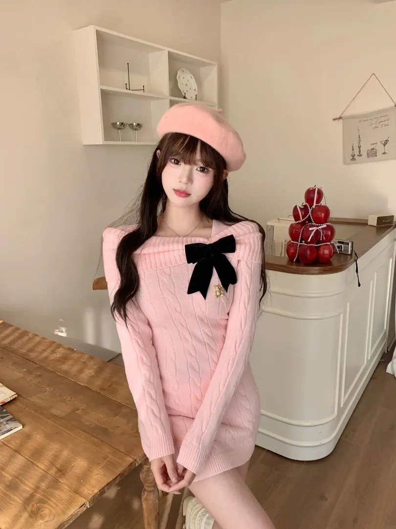 

Pink Knitted Dr with Bow Detail Slim Fit Ele Sle One oulder Sweater for Young Women Autumn Winter Faion Ele