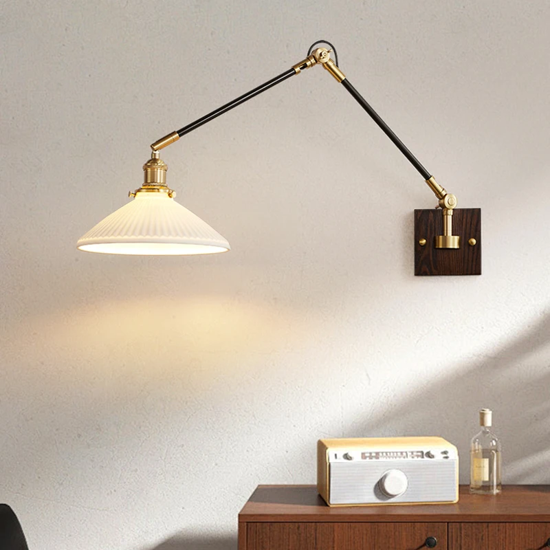 Retro all Copper Universal Rocker Arm Wiring Bedside Wall Lamp Restaurant Light Creative Walnut Background Wall Decoration Wall