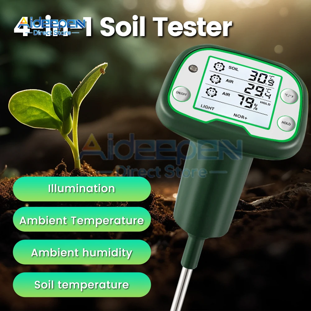 

4 in 1 Digital Soil Tester Sunlight Air Moisture Temp Meter Sensor Screen LCD Backlight Hygrometer For Flowers Planting