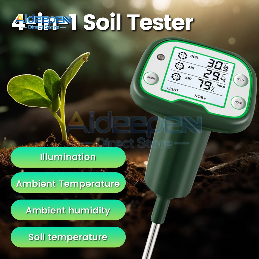 4 in 1 Digital Soil Tester Sunlight Air Moisture Temp Meter Sensor Screen LCD Backlight Hygrometer For Flowers Planting