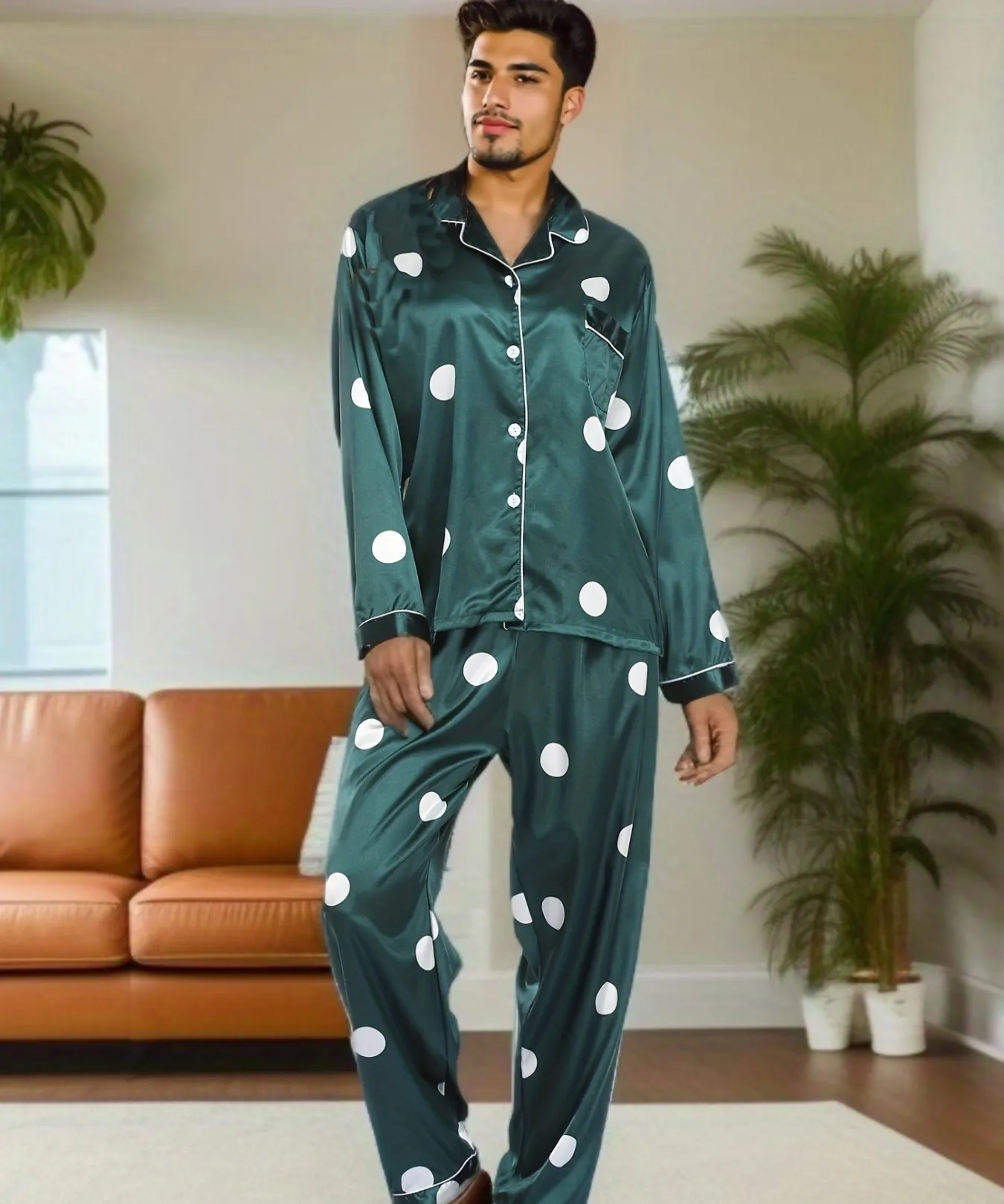 Neue Frühling Sommer Männer 2 Stück Pyjamas Set Print Seide Satin Nachtwäsche Langarm Pyjamas Anzug lose lässige Wohn kleidung Lounge wear