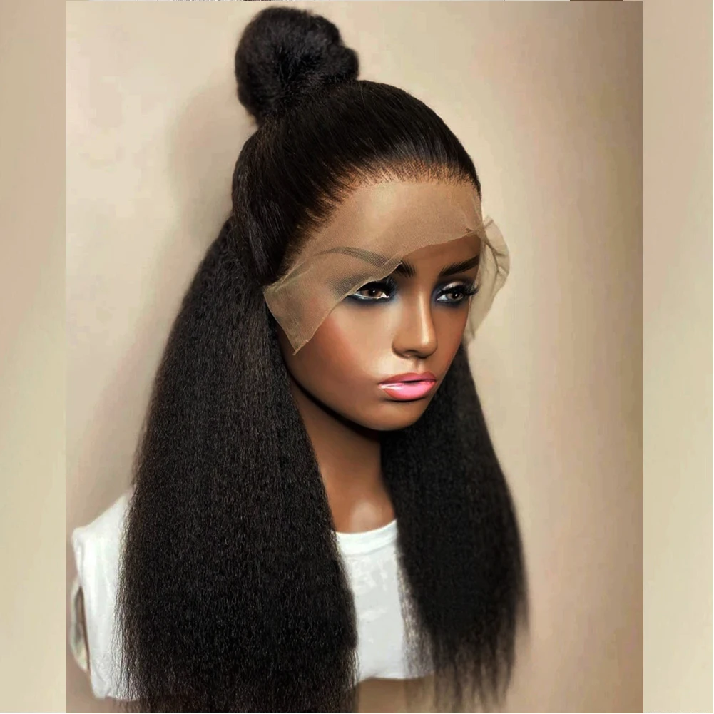 Soft Yaki Preplucked Black Color 26Inch 180Density Kinky Straight Lace Front Wig Synthetic Baby Hair Glueless Daily Wear Wig