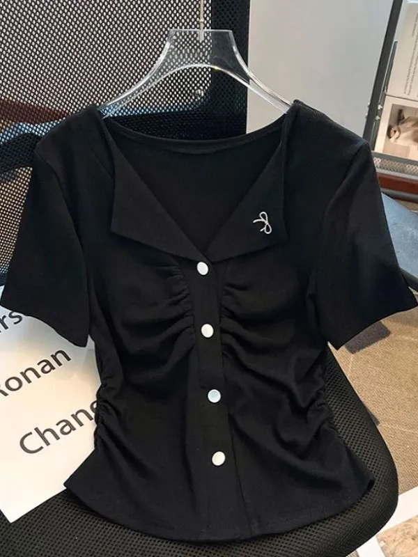 Camiseta Feminina de Verão com Gola Dobrada, Ajuste Slim, Comprimento Médio, Estilo Coreano, Top V-ne